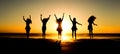 Silhouette of group of friends are having fun, having fun on the beach in the evening sunset Royalty Free Stock Photo