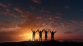 Silhouette of group happy business team making high hands in sunset sky,success and teamwork Royalty Free Stock Photo