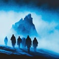 A silhouette of group hikers hiking in dold blue winter