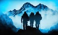 A silhouette of group hikers hiking in dold blue winter