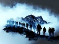 A silhouette of group hikers hiking in dold blue winter