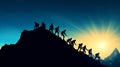 Silhouette of group of hikers on mountain at night