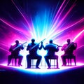 Silhouette of a group of jazz musicians playing on stage in front of a glowing background AI generated