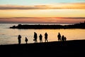 Silhouette of a group of people enjoying a colorful sunset on seashore Royalty Free Stock Photo