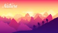 Silhouette group people hiking at mountain at sunset design. Mountaineers climbs to the top of a snow-capped mountain illustration