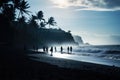 Silhouette of group of people walking on the beach at sunset, Silhouettes of tourists enjoying the black sand beach and ocean