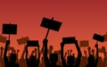 Silhouette group of protesters people Raised Fist and signs in flat icon design on red color background Royalty Free Stock Photo