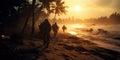 Silhouette of group of soldier walking on the beach at sunrise