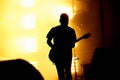Silhouette of guitar player, guitarist perform on concert stage. Royalty Free Stock Photo