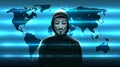 Silhouette hacker in an anonymous mask against background world map, binary code. Anonymous hacker activist group. Hacking Royalty Free Stock Photo