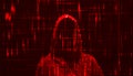 Silhouette of a hacker on a background with binary code and lights, hacking of a computer system, theft of data Royalty Free Stock Photo