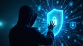 Hacker in hoodie attempting data breach against cybersecurity system with digital shield and glowing lock icon Royalty Free Stock Photo