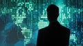 Silhouette of a Hacker Facing a Code-Filled World Map