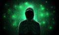 Silhouette of a hacker in a hood, against a background of glowing green binary code, hacking of a computer system, data theft