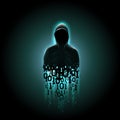 Silhouette of a hacker in a hood with binary code on a luminous blue background