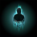 Silhouette of a hacker in a hood with binary code on a luminous blue background, hacking of a computer system Royalty Free Stock Photo