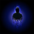 Silhouette of a hacker in a hood with binary code on a luminous dark blue background, theft of data