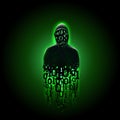 Silhouette of a hacker in a hood with binary code on a luminous green background