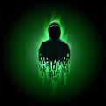 Silhouette of a hacker with binary code on a green background, hacking of a computer system, theft of data Royalty Free Stock Photo