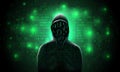 Silhouette of a hacker in a hood with binary code on a luminous green background, hacking, theft of data Royalty Free Stock Photo