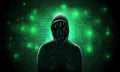 Silhouette of a hacker in a hood with binary code on a luminous green background, hacking, theft of data