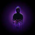 Silhouette of a hacker in a hood with binary code on a luminous purple background, hacking of a computer system