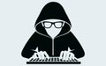 Silhouette of a hacker in a hooded sweatshirt typing on a keyboard, isolated on a minimal background Royalty Free Stock Photo