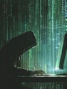 A silhouette of a hacker in a hoodie intensely types on a computer, illuminated by a screen displaying flowing green