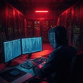 Hacker Working on Computer in Dark Server Room Royalty Free Stock Photo