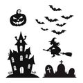 Silhouette Halloween Elements Collection with Haunted House ,Gravestones ,Jack O Lantern ,Witch and Bats.Vector Illustration Royalty Free Stock Photo