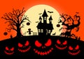 Silhouette halloween pumpkins and cemetery, castle, big evil tree, on big moon and red sky in background with face scary. Royalty Free Stock Photo