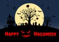 Silhouette halloween pumpkins and cemetery, tree, castle, bat, spider on big moon and dark blue on background. Royalty Free Stock Photo