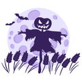 Silhouette of a Halloween scarecrow in a wheat field against the background of a full moon and bats Royalty Free Stock Photo