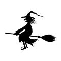 Silhouette of halloween smiling wicked witch on broomstick