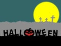 silhouette font halloween sign with jack o lantern smiling and cross with blur full moon glowing on green background