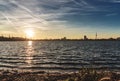Silhouette of Hamburg cityscape as seen from shore of Alster Lake Royalty Free Stock Photo