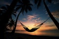 Silhouette of hammock strung between two swaying palm trees. Generative AI Royalty Free Stock Photo