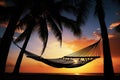 Silhouette of hammock strung between two swaying palm trees. Generative AI Royalty Free Stock Photo