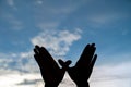 Silhouette of a hand gesture like bird flying on over sky. Freedom concept Royalty Free Stock Photo