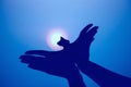 Silhouette of a hand gesture like bird flying on vintage blue sk Royalty Free Stock Photo