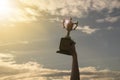 Silhouette hand holding winner trophy cup in a championship Royalty Free Stock Photo