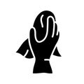 Silhouette Hand in household rubber glove holds rag. Outline icon of wash dust, window, wipe furniture, floor. Black Illustration