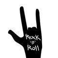 Silhouette of hand showing a rock sign and text of rock-n-roll. Vector illustration. Royalty Free Stock Photo