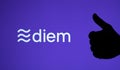 Silhouette of hand showing thumb up and Facebook Diem crypto coin logo on the large blurred screen. Real photo, not a montage, no