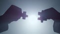 Silhouette hands connecting parts puzzle indoors. Arms matching pieces jigsaw. Royalty Free Stock Photo