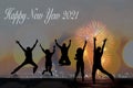 Silhouette happy business teamwork jumping and cheering crowd fireworks congratulation graduation in Happy New year 2021 Royalty Free Stock Photo