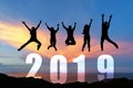 Silhouette happy business teamwork jumping congratulation graduation in Happy New year 2019. Freedom lifestyle group people jump a Royalty Free Stock Photo