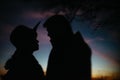 Silhouette of happy couple looking at each other and touching wi Royalty Free Stock Photo