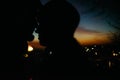 Silhouette of happy couple looking at each other and touching wi Royalty Free Stock Photo