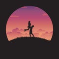 Silhouette happy couple of love with sunset for background Royalty Free Stock Photo